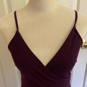 Dark purple, shirred, v-neck, lined, spandex dress, sz S, adjustable straps.